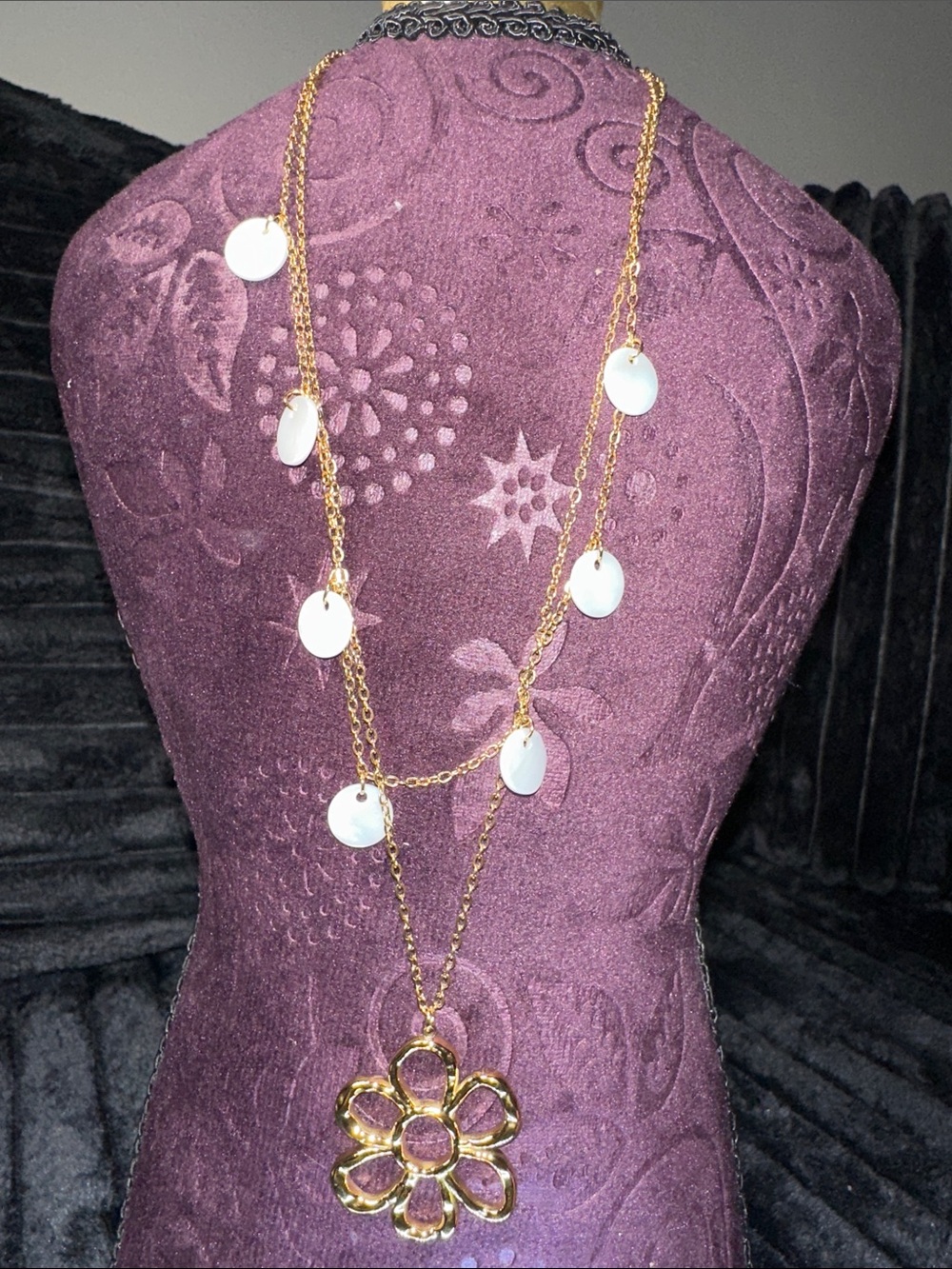 Kenneth Jay Lane Gold Tone Layered Necklace with White Discs and Floral Pendant